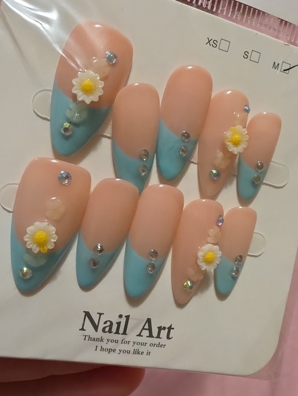 Daisy Almond Press-On Nails in Nude & Blue by